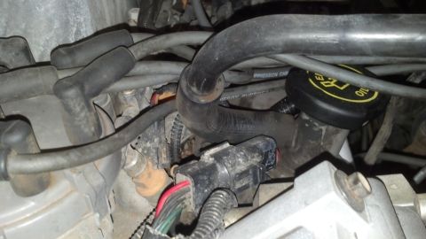 1993 Ford Bronco - Close-up view of engine components including spark plug wires and hoses.