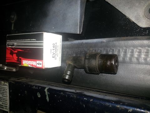 1994 Ford Bronco - A Motorcraft PCV valve box sits next to the installed PCV valve.