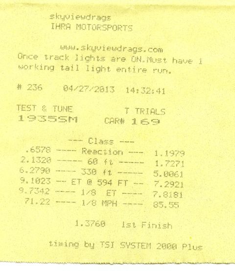 1935 Chevrolet new - A drag racing time slip shows performance data for the 1935SM class, dated April 27, 2013.