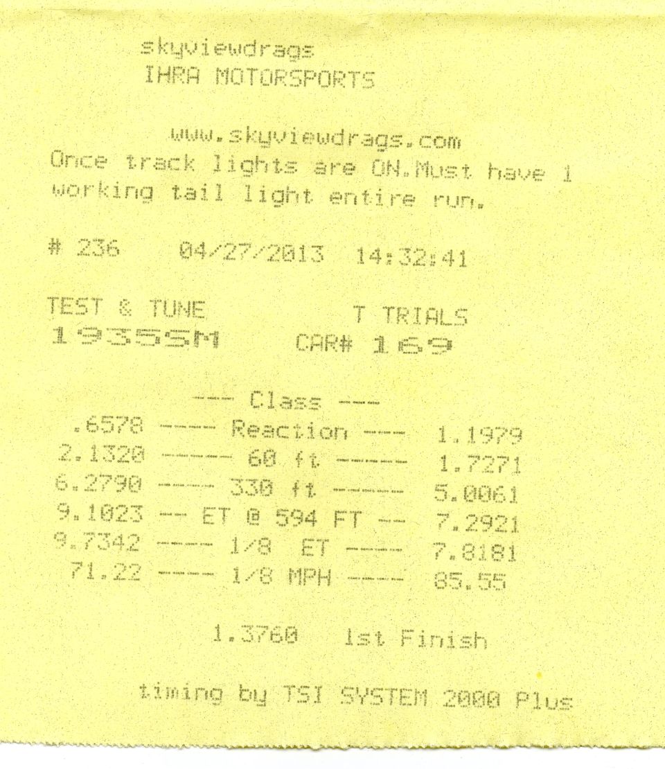 Drag racing time slip with 1935SM class designation