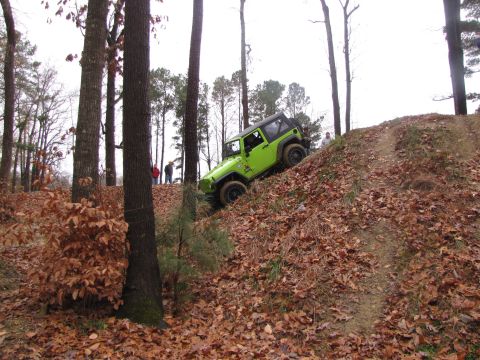 1979 Ford Bronco - A bright green Jeep navigates an off-road trail covered in fallen autumn leaves.