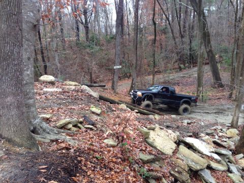 1979 Ford Bronco - Pickup truck tackling a challenging off-road trail in a wooded area.