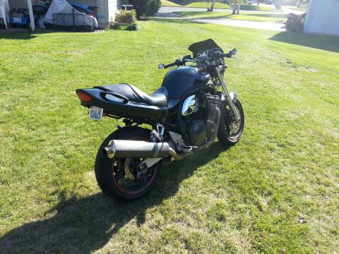 1998 Suzuki Bandit - A black motorcycle is parked on a grassy lawn on a sunny day.