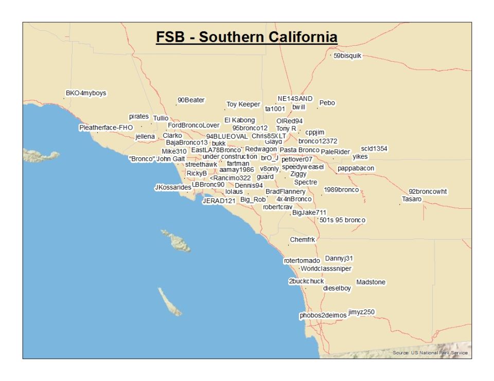 Map of Southern California with user-submitted locations labeled.