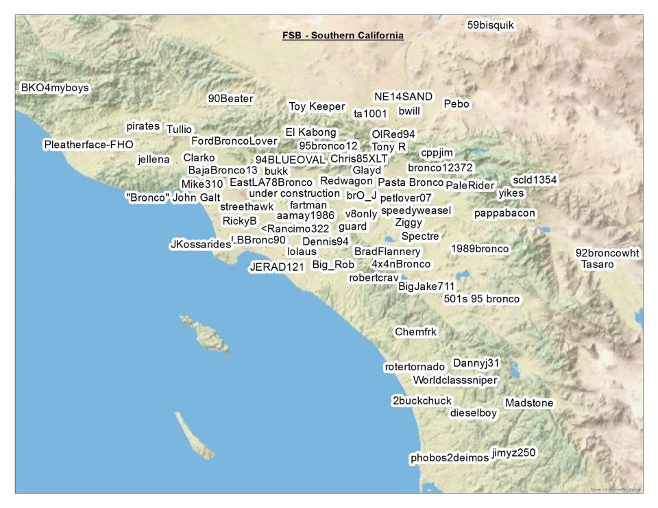 Map of Southern California with usernames scattered across the landscape.