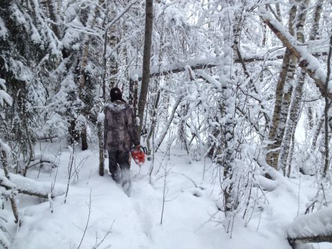 1987 Ford Bronco - A person walks through a snow-covered forest carrying a chainsaw.