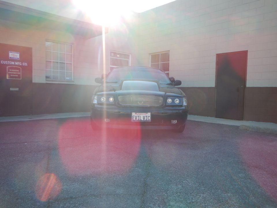 Front of black sedan backlit by sun glare, California EVIL VIC plate