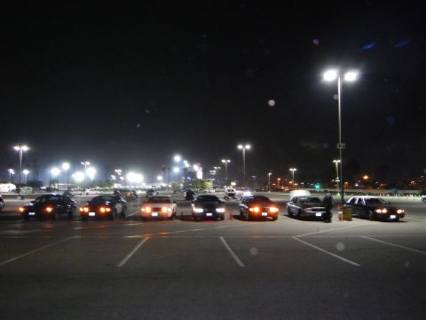 2003 Ford Crown Victoria - row of sedans parked in a large dark lot at night, amber and white lights glowing, with distant lit buildings on the horizon.