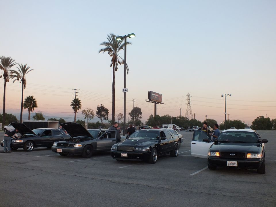 Full-size sedans parked with hoods open at a dusk car gathering