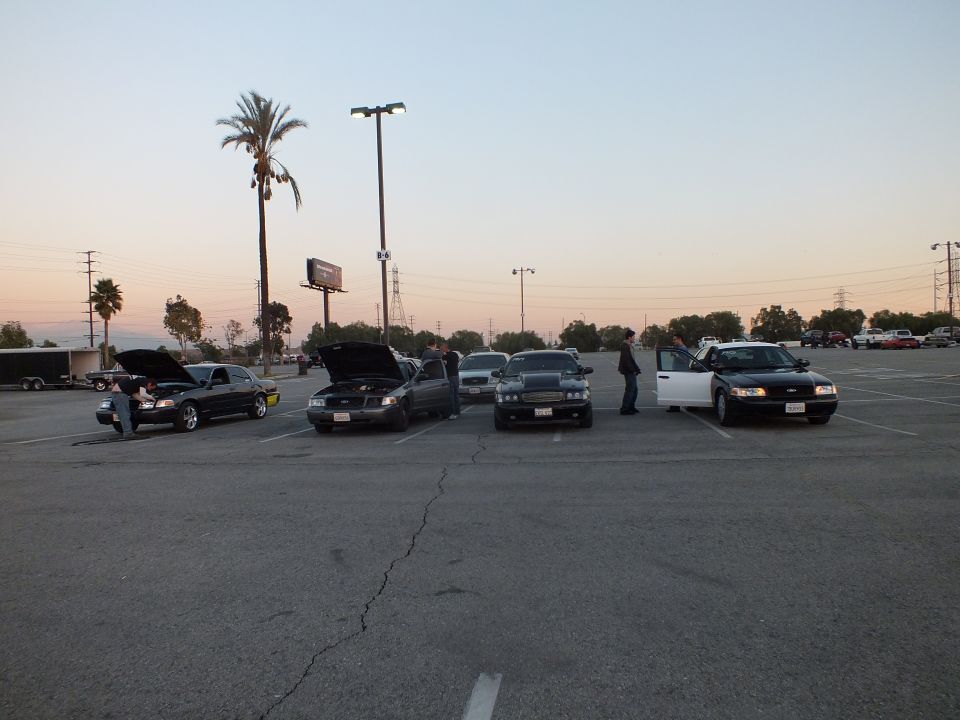 Lineup of sedans with hoods open at dusk in a paved lot