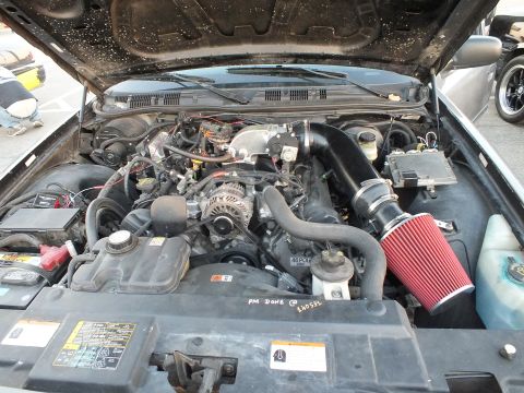2003 Ford Crown Victoria - Engine bay of a V8 sedan featuring a red conical air intake, black tubing, and emissions decals under the raised hood.