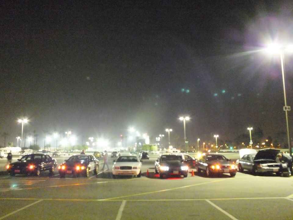 Row of sedans facing camera at night under parking lot lights