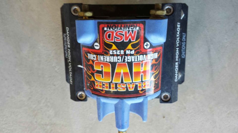 MSD Blaster HVC ignition coil with "DANGER HIGH VOLTAGE!" warnings