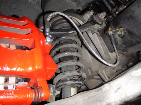 2003 Ford Crown Victoria - Photo of front suspension showing a coil spring, braided brake line and red brake caliper.