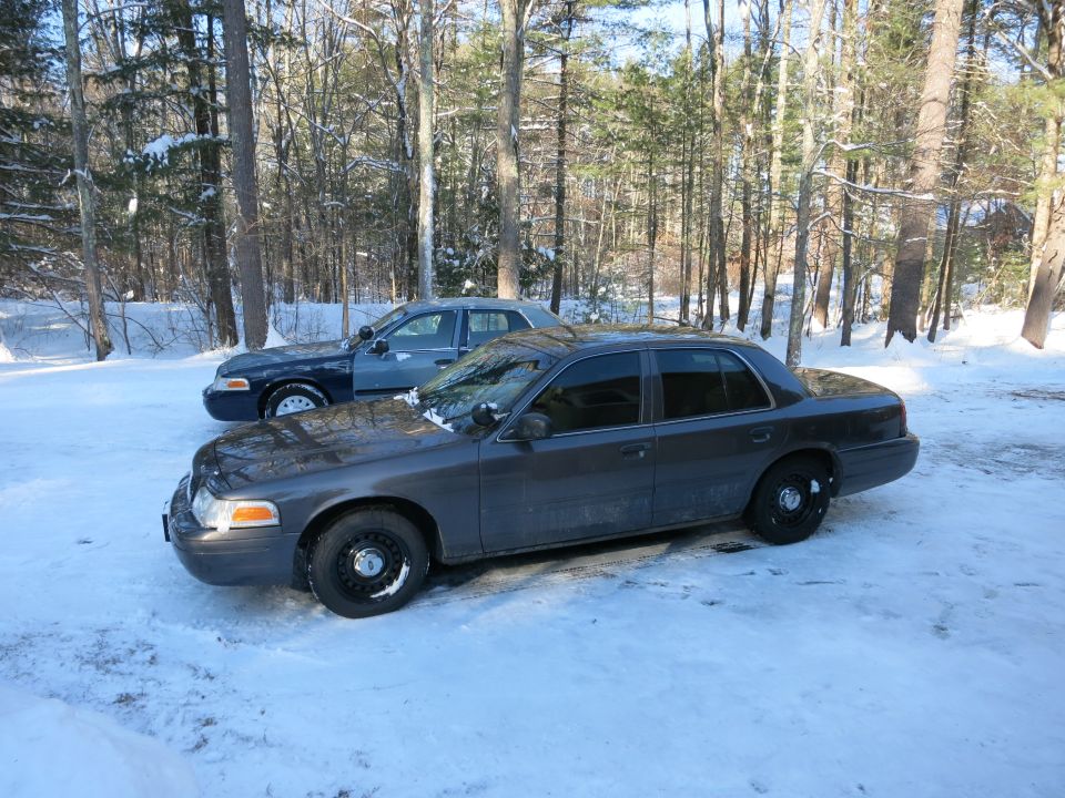 Two Ford Crown Victoria sedans parked in snow among trees