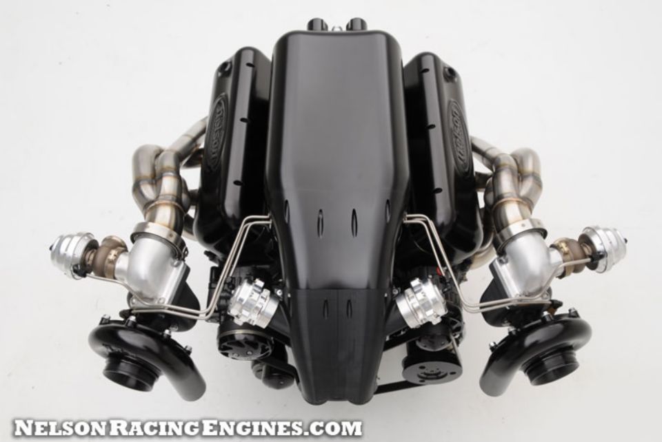 Twin-turbo V8 racing engine front view on white background