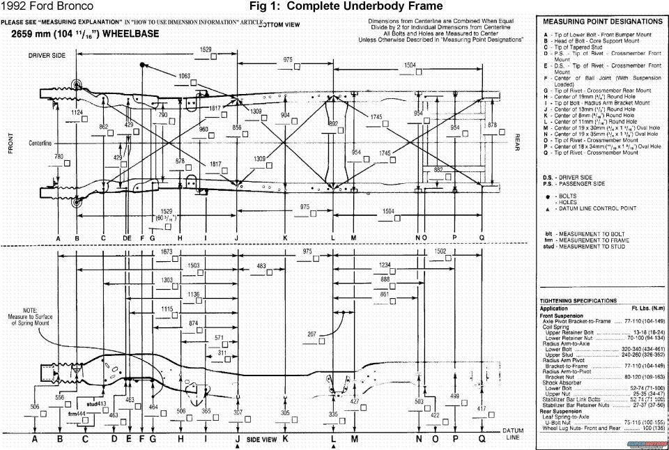 1992 Ford Bronco complete underbody frame dimensions, top and side views with 2659 mm (104 11/16 in) wheelbase