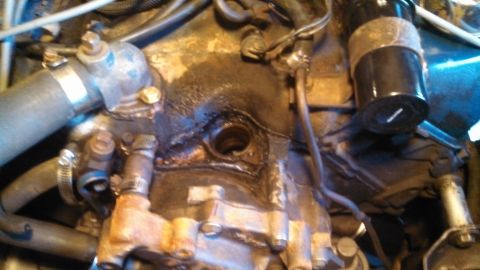 1979 Ford Bronco - A close-up view of an engine bay, showing various hoses, clamps, and engine components. The engine appears to be dirty and possibly leaking…