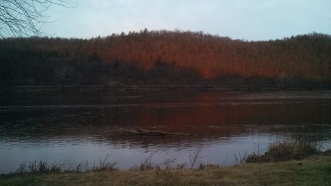 1979 Ford Bronco - A wide shot of a river with a wooded hill in the background. The hill is illuminated by a warm, reddish light, possibly from a sunset or su…