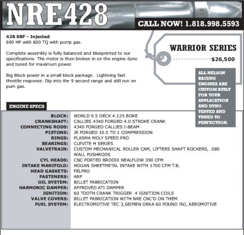 1994 Ford Bronco - Sales spec sheet for the Nelson Racing NRE428 Warrior Series engine listing price and detailed engine specifications.