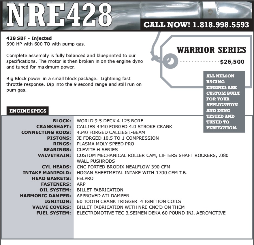 Nelson Racing Engines NRE428 spec sheet with price and engine specifications