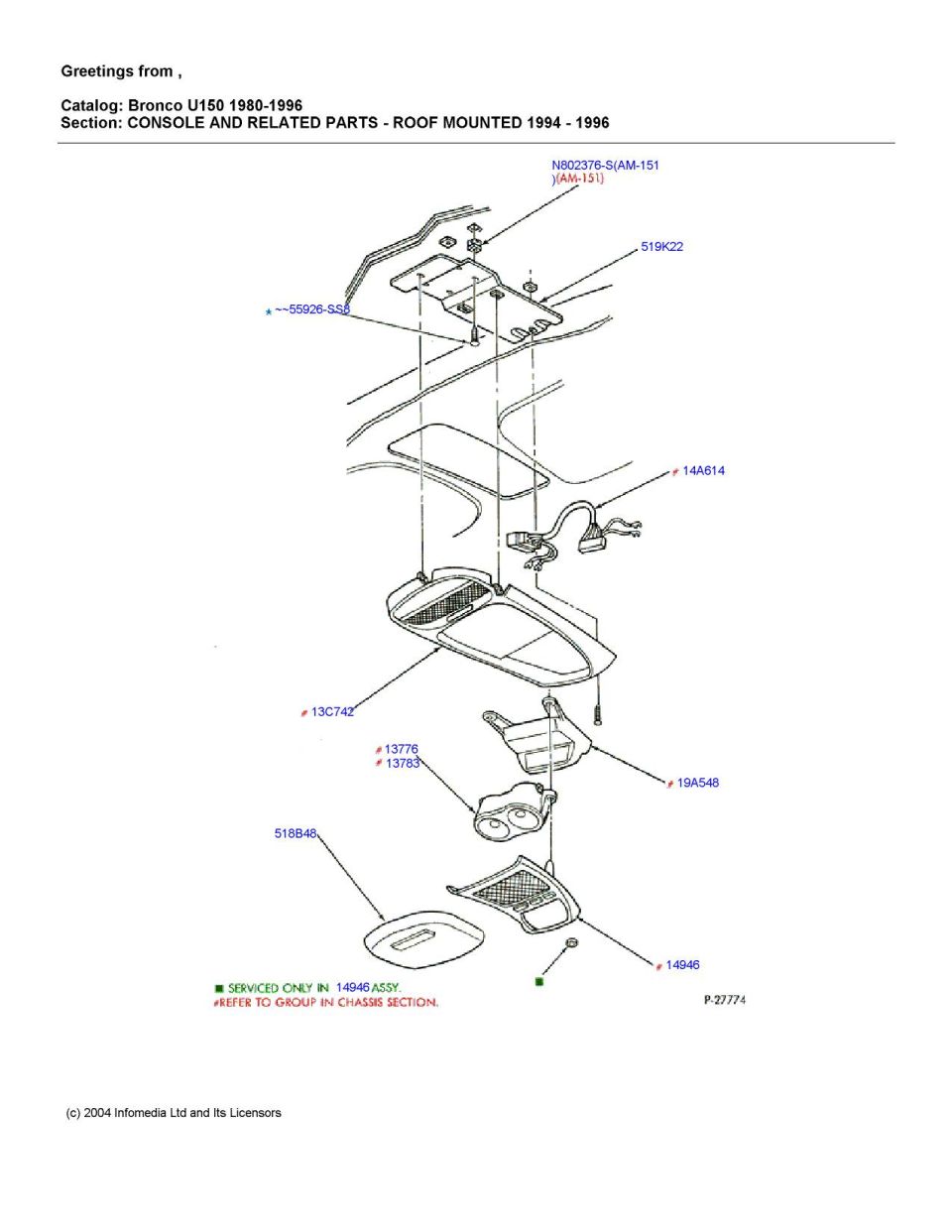 Bronco U150 1980-1996 roof mounted console exploded parts diagram, 1994-1996, with part numbers