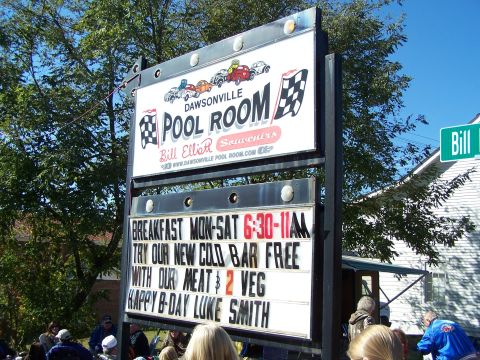 1971 Ford Ranchero - A sign for Dawsonville Pool Room is visible, with text about breakfast and a birthday greeting.