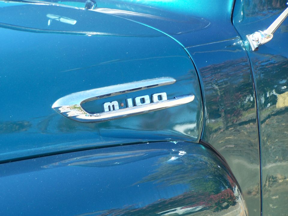 Close-up of a chrome emblem on a teal vehicle that reads "F-100"
