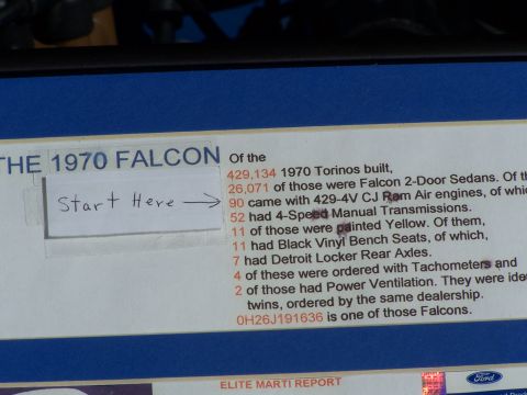 1971 Ford Ranchero - Production statistics document for the 1970 Ford Falcon, listing build numbers and specific options.