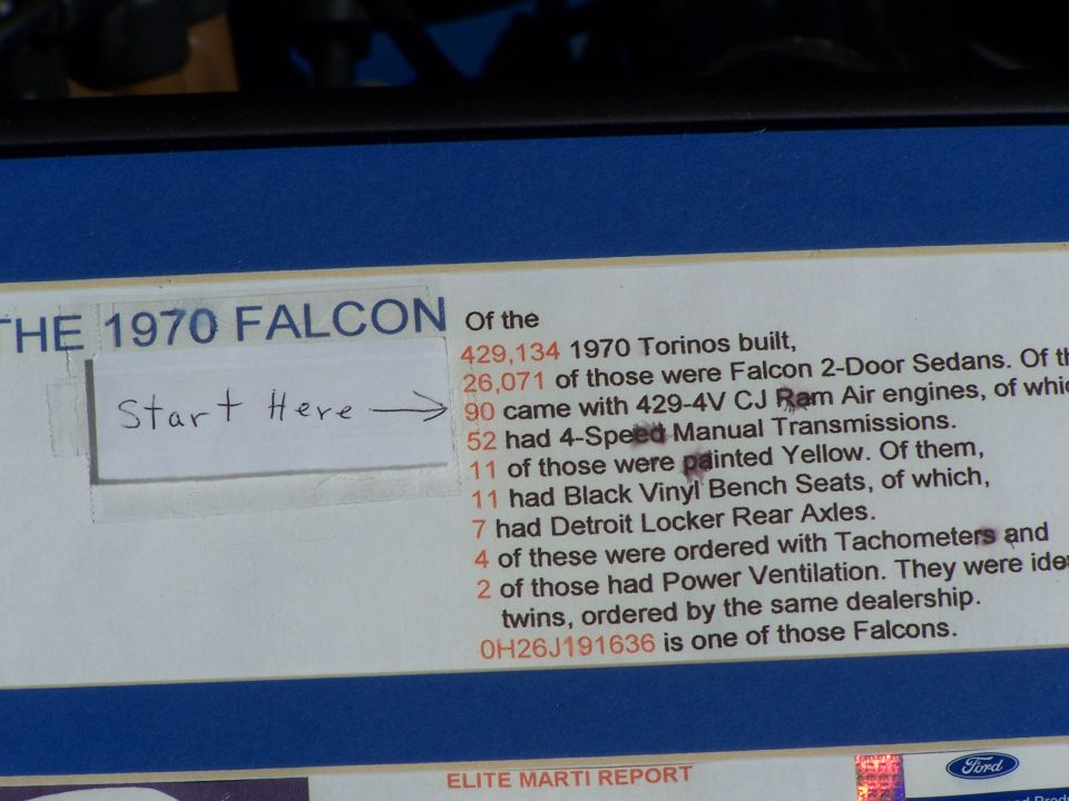 Document detailing 1970 Ford Falcon production numbers and options. Includes a handwritten note 'Start Here'