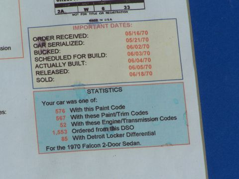 1971 Ford Ranchero - This document lists the order received, serialization, build, and sale dates for a 1970 Falcon 2-Door Sedan.