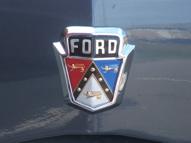 Close-up of a Ford emblem on a dark car body. Text reads 'FORD'