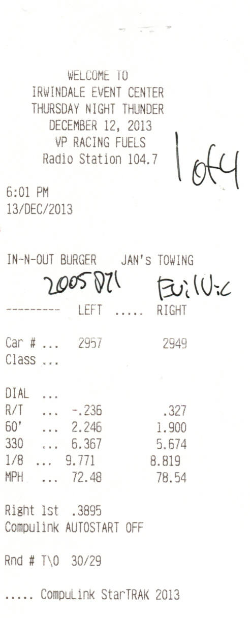 Irwindale drag-strip CompuLink timeslip dated December 12, 2013