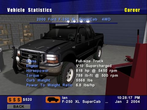 1980 Ford Bronco - This vehicle statistics screen shows a black 2000 Ford F-250 XL SuperCab 4WD truck.