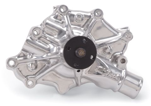 1990 Ford Bronco - This polished aluminum water pump features a black pulley hub and an embossed Edelbrock logo.