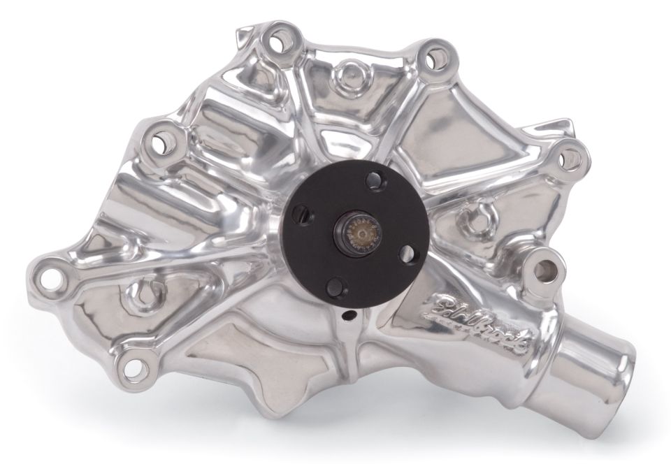 Polished aluminum water pump with black pulley hub. Edelbrock logo visible