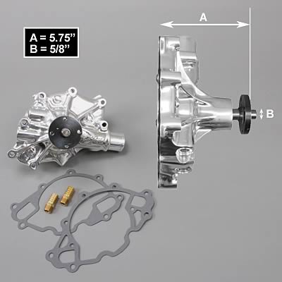1990 Ford Bronco - A chrome water pump assembly is shown with gaskets and brass fittings, along with measurement indicators.