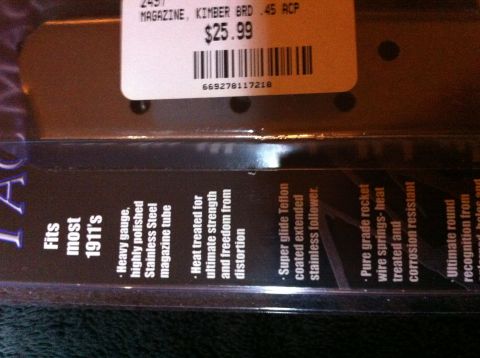 1984 BMW 3 Series - This is packaging for a Kimber .45 ACP magazine, detailing its features and price.