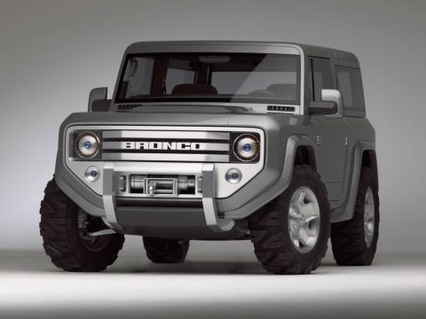 2006 Ford E350 - Gray Ford Bronco concept SUV with 'BRONCO' lettering on the grille and a front winch.