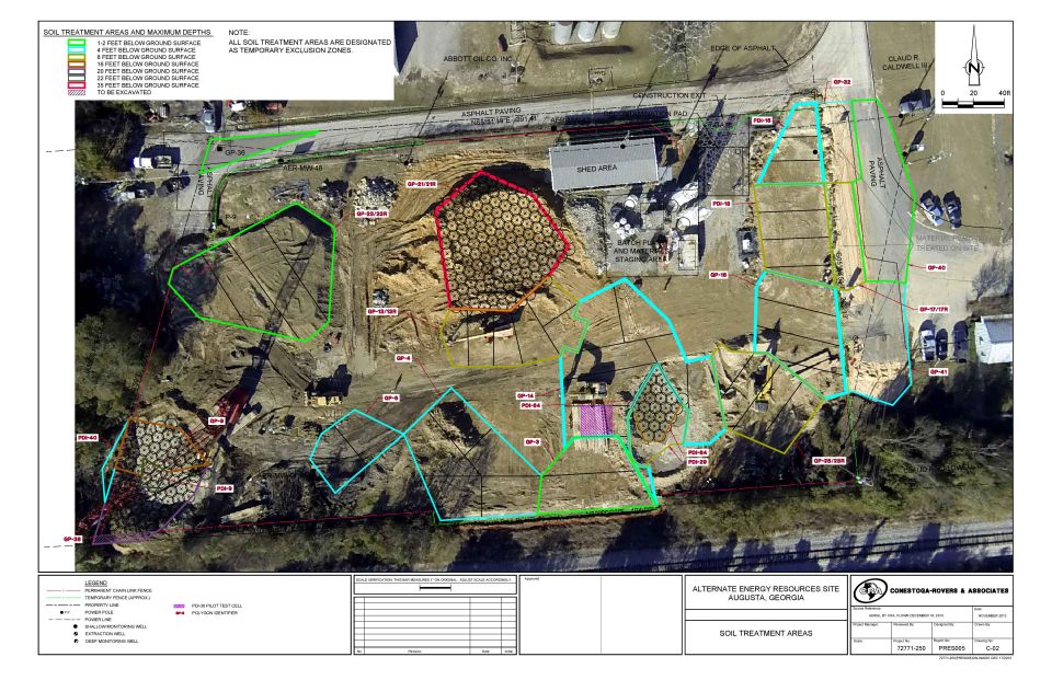 Aerial site plan with colored overlays showing soil treatment areas and excavation zones