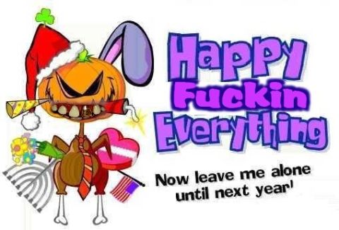 1973 Ford Ranchero - A cartoon character dressed for multiple holidays with the text 'Happy Fuckin Everything'.