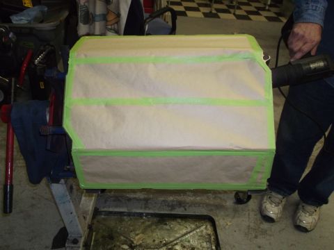 1967 Ford Mustang - Engine block prepared for work, covered with paper and tape.