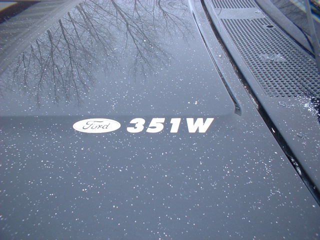 Ford 351W badge on dark hood