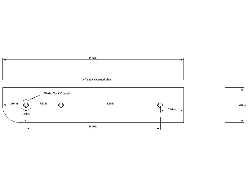 Dimensioned engineering drawing of a carbon steel plate with welded nut