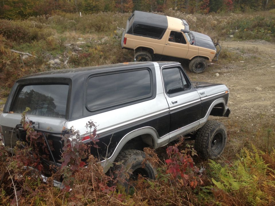 Two Ford Broncos, one silver and black, the other tan and black, are parked on a dirt trail with foliage around them