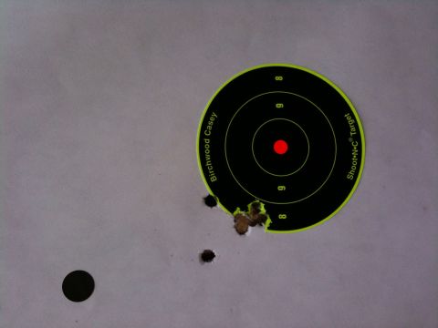 2013 Ford Mustang - Target practice results show bullet holes on a Birchwood Casey Shoot-N-C target.