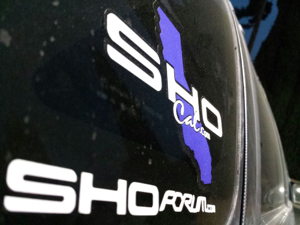 Black car with white 'SHO' and 'SHO FORUM.com' decals. Purple California outline with 'SHO Cat.com' text