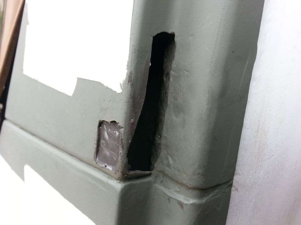 one patch in the b-pillar. patch was cut out from the old fender 18 gauge and attached with the cold weld.