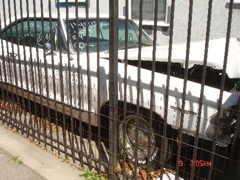 1965 Pontiac Catalina - A white 1965 Pontiac Catalina is visible behind a metal fence, with writing on the windshield.