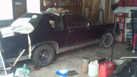 1985 Mercury Grand Marquis - A black 1985 Mercury Grand Marquis coupe is parked inside a cluttered garage.